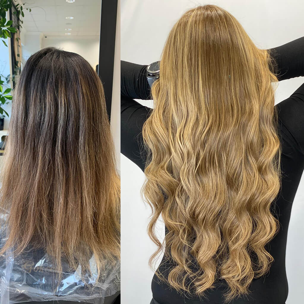 V-tip hair extensions before and after