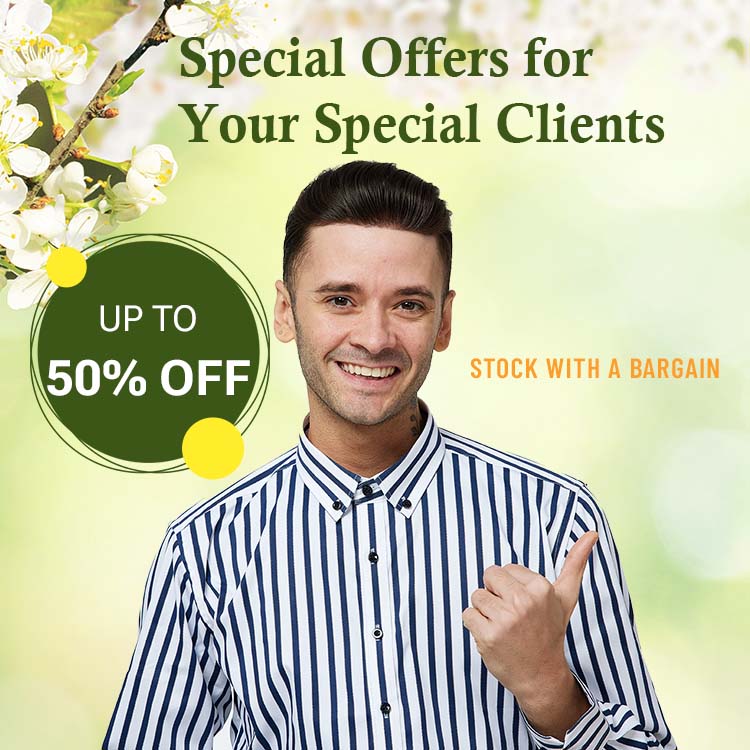 Newtimes Hair banner on the clearance page featuring a smily man wearing a hair system dressed in striped shirt, including discount policies Mobile terminal