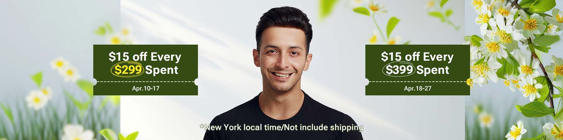 Newtimes Hair banner for Spring promotion on Men products page featuring a man wearing a hair system giving a thumbs-up gesture, including discount policies_