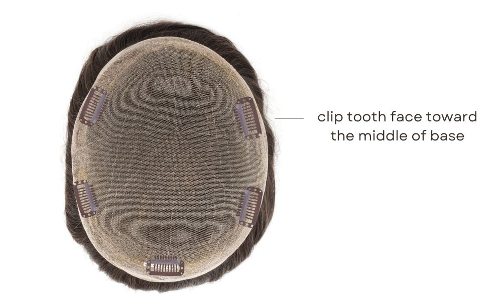 How to sew wig clips into hair systems: a hair system base clip teeth face toward the middle